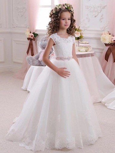 Tule & Renda Decote Alto Mangas Curtas Buraco da fechadura Comprimento Chão Vestido de Baile Vestidos para Meninas de Flores Baratos