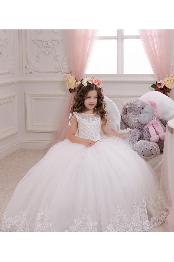 Tule & Renda Barco Sem Mangas Comboio Capela Longo Vestido de Baile Vestidos para Meninas de Flores Baratos