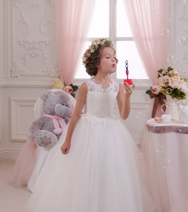 Tule & Renda Decote Alto Sem Mangas Buraco da fechadura Comprimento Chão Vestido para Meninas de Flores Baratos