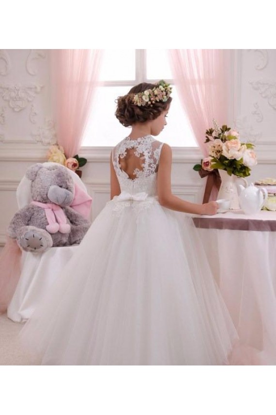 Tule & Renda Decote Alto Sem Mangas Buraco da fechadura Comprimento Chão Vestido para Meninas de Flores Baratos