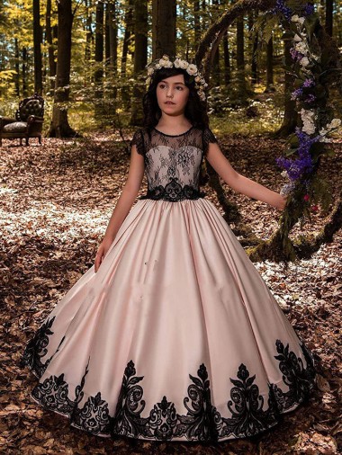 Cetim & Renda Amor Sem Mangas Comprimento Chão Vestidos para Meninas de Flores Baratos