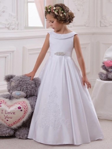 Cetim & Renda Barco Sem Mangas Comprimento Chão Vestidos para Meninas de Flores Baratos