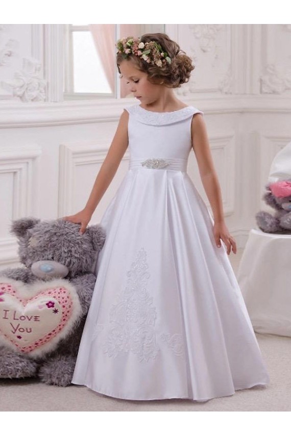 Cetim & Renda Barco Sem Mangas Comprimento Chão Vestidos para Meninas de Flores Baratos