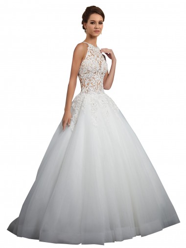 Tule & Renda Decote Alto Sem Mangas Comboio Capela Vestidos de Noiva Baratos