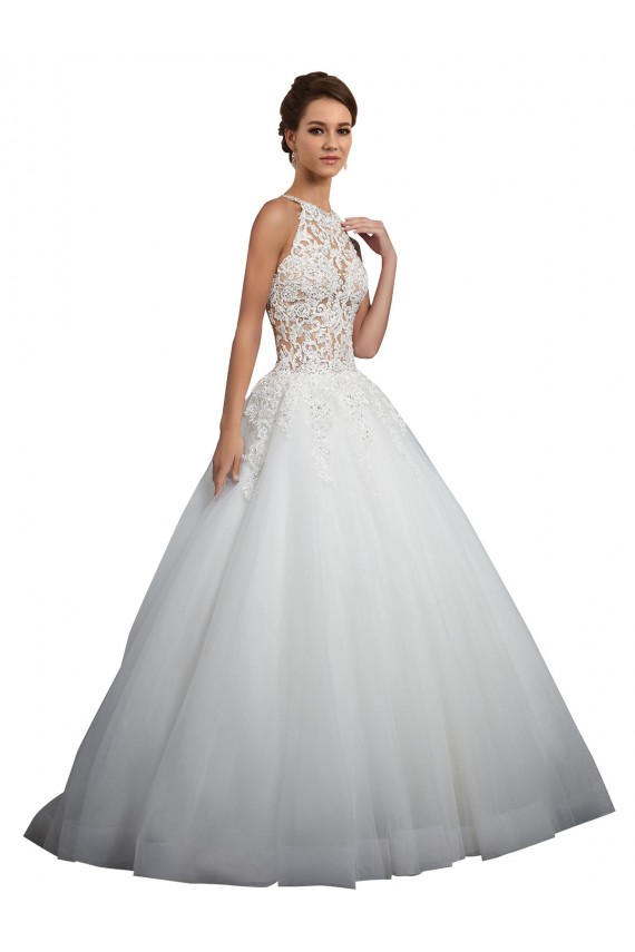 Tule & Renda Decote Alto Sem Mangas Comboio Capela Vestidos de Noiva Baratos
