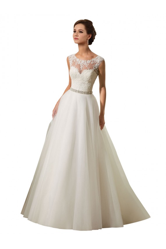 Tule & Renda Decote Ilusão Mangas Curtas Comboio Capela Vestido de Baile Vestidos de Noiva Baratos