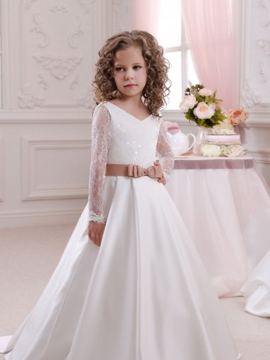 Cetim & Renda Decote V Mangas Compridas Comboio Capela Vestidos para Meninas de Flores Baratos