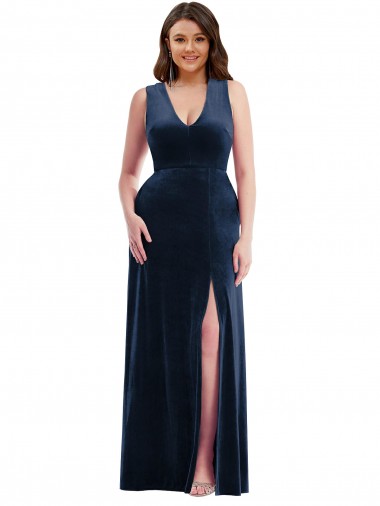 Veludo Elástico Decote V Sem Mangas Comprimento Chão Bainha Vestidos de Madrinha / Vestidos de Noite / Vestidos de Festa Baratos