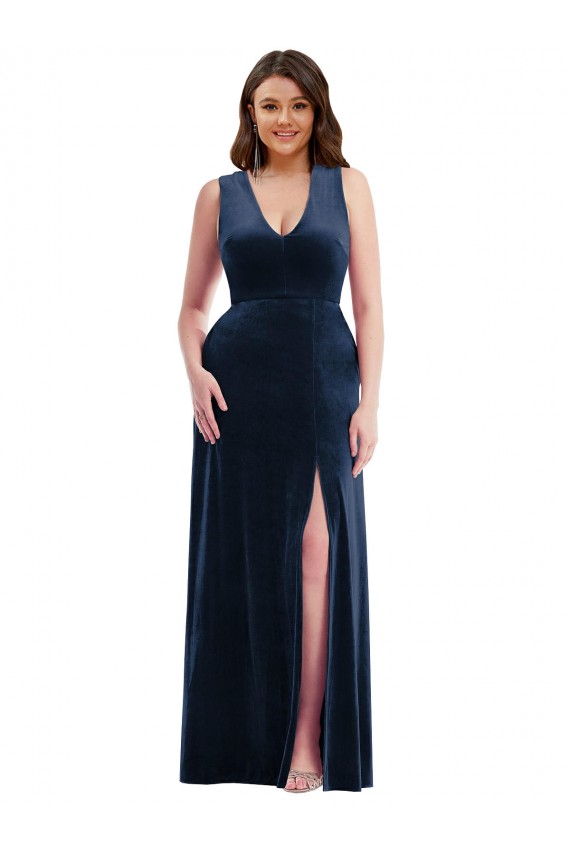Veludo Elástico Decote V Sem Mangas Comprimento Chão Bainha Vestidos de Madrinha / Vestidos de Noite / Vestidos de Festa Baratos