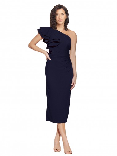 Crepe Esticado Um Ombro Sem Mangas Comprimento Midi Vestidos de Madrinha / Vestidos de Noite / Vestidos de Festa Baratos