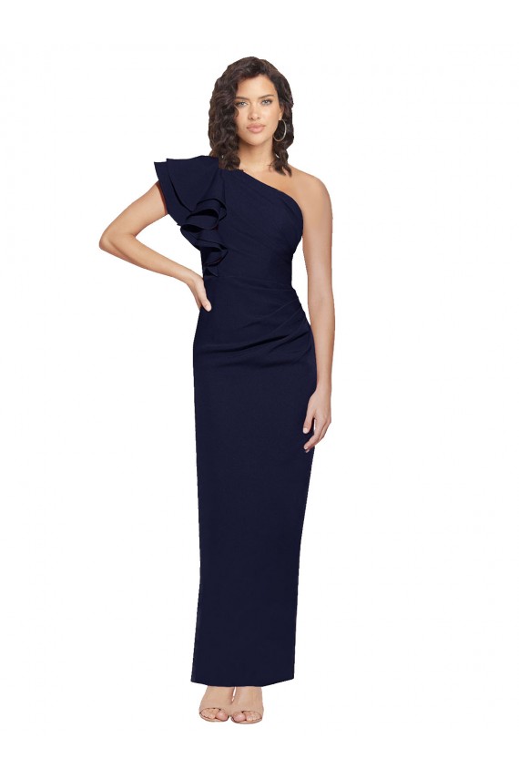 Crepe Esticado Um Ombro Sem Mangas Comprimento Chão Marinha Negra Bainha Vestidos de Madrinha / Vestidos de Noite / Vestidos de Festa Baratos
