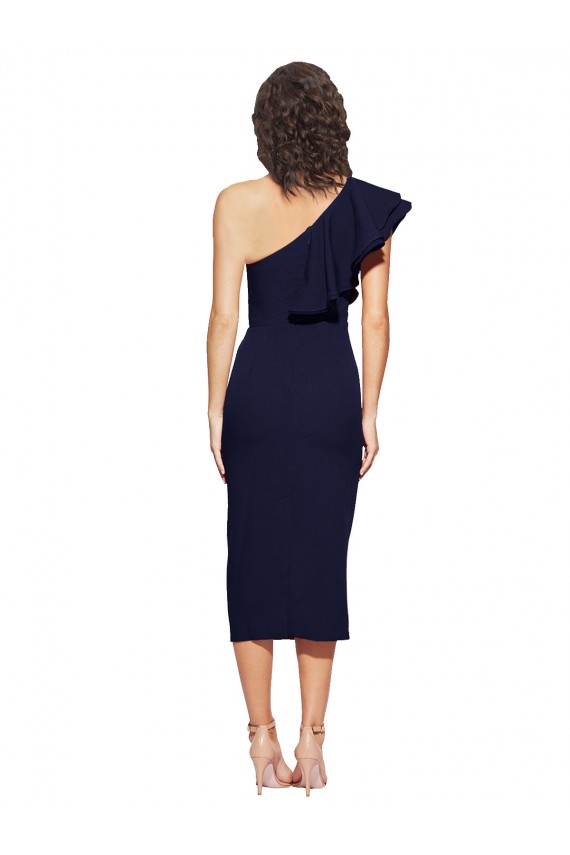 Crepe Esticado Um Ombro Sem Mangas Comprimento Midi Vestidos de Madrinha / Vestidos de Noite / Vestidos de Festa Baratos
