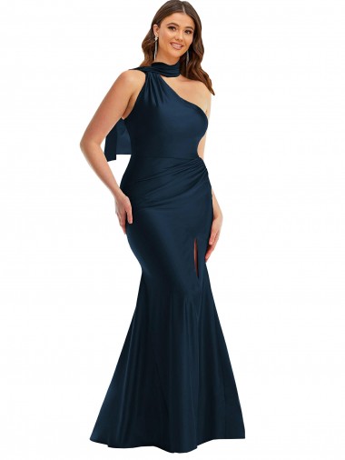 Cetim Sedoso Um Ombro Sem Mangas Comprimento Chão Marinha Negra Sereia Vestido de Madrinha / Vestido de Festa Baratos