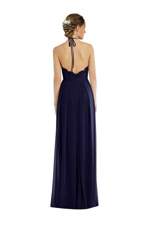 Chiffon Cabeçada Sem Mangas Abrir de volta Comprimento Chão Longo Linha A Vestidos de Madrinha Baratos