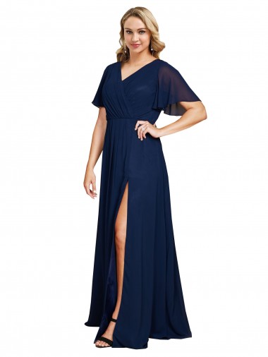 Chiffon Decote V Mangas Esvoaçantes, Mangas Curtas Comprimento Chão Vestidos de Madrinha / Vestidos de Noite / Vestidos de Festa Baratos