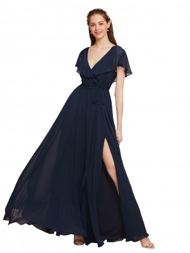 Chiffon Decote V Mangas Curtas Costas em V Comprimento Chão Vestidos de Madrinha Baratos