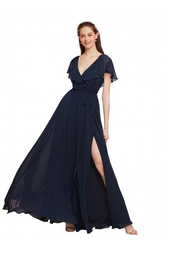 Chiffon Decote V Mangas Curtas Costas em V Comprimento Chão Vestidos de Madrinha Baratos