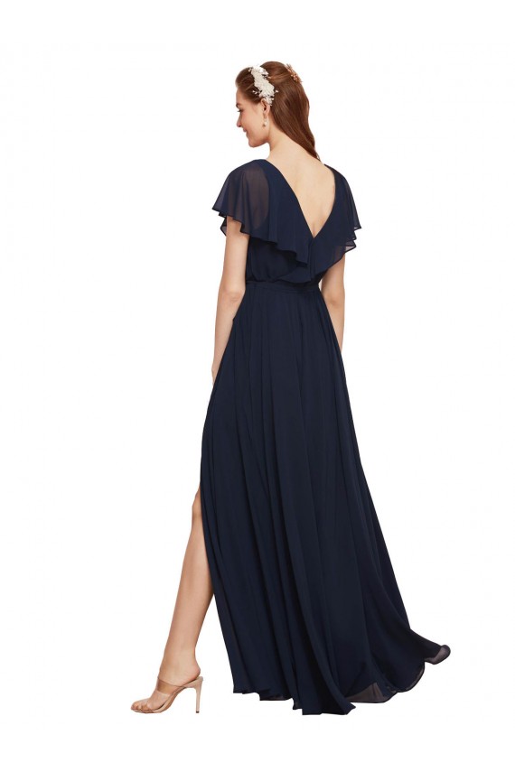 Chiffon Decote V Mangas Curtas Costas em V Comprimento Chão Vestidos de Madrinha Baratos