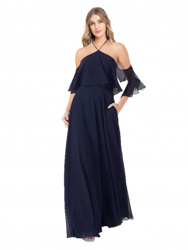 Chiffon Cabeçada Ombro Frio, Mangas Esvoaçantes Comprimento Chão Vestidos de Madrinha Baratos