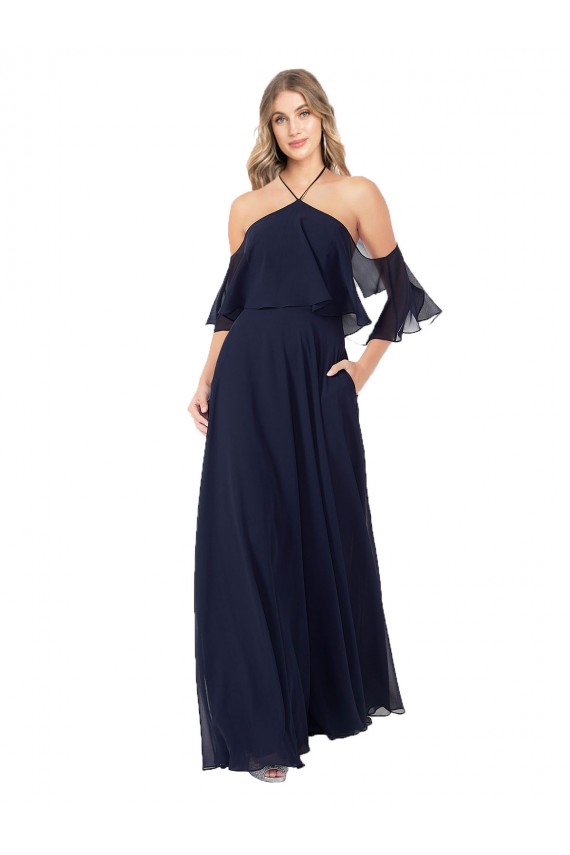 Chiffon Cabeçada Ombro Frio, Mangas Esvoaçantes Comprimento Chão Vestidos de Madrinha Baratos