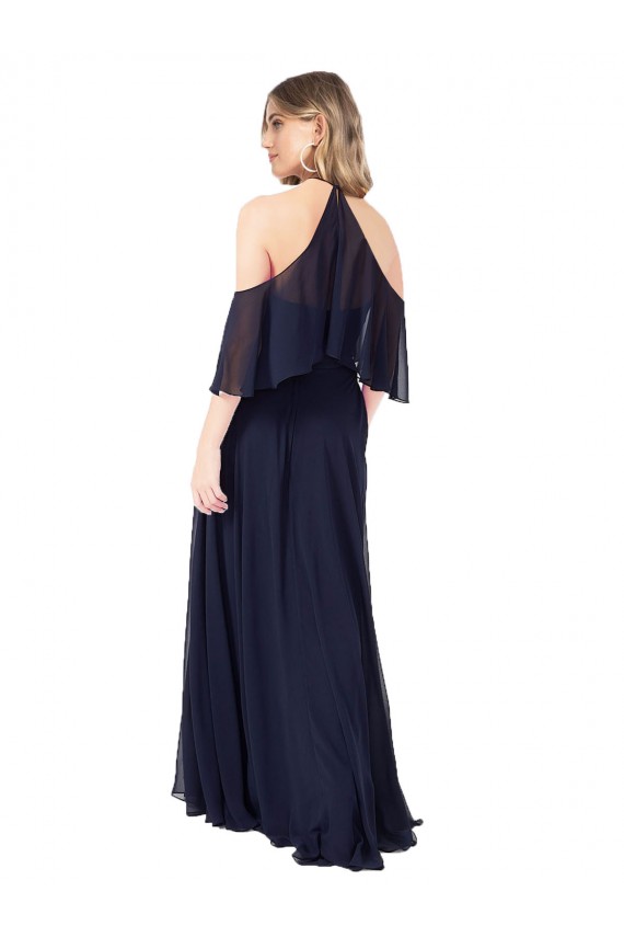Chiffon Cabeçada Ombro Frio, Mangas Esvoaçantes Comprimento Chão Vestidos de Madrinha Baratos