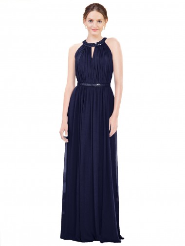Chiffon Decote Alto Sem Mangas Comprimento Chão Vestido de Baile Formais Baratos
