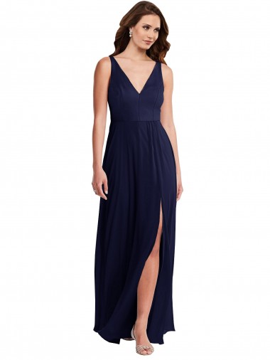 Chiffon Decote V Sem Mangas Costas em V Comprimento Chão Vestido Formais / Vestido de Madrinha Baratos