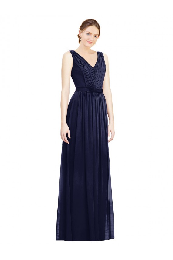 Chiffon Decote V Sem Mangas Comprimento Chão Linha A Marinha Negra Vestidos de Madrinha Baratos