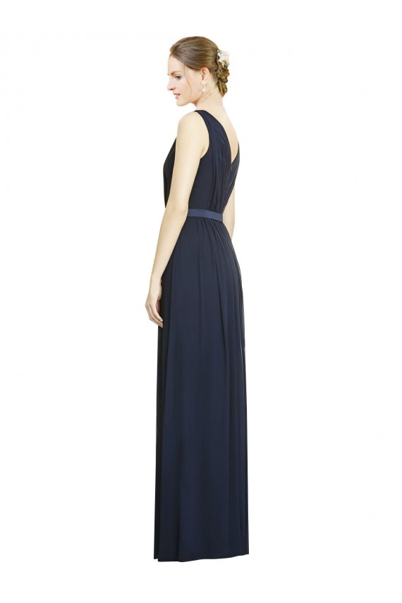 Chiffon Decote V Sem Mangas Comprimento Chão Linha A Marinha Negra Vestidos de Madrinha Baratos