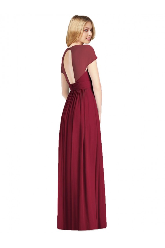 Chiffon Decote V Mangas Curtas Abrir de volta Comprimento Chão Vestidos de Madrinha Baratos