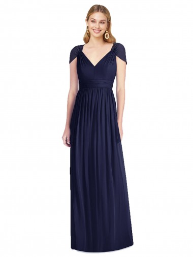 Chiffon Decote V Mangas Curtas Abrir de volta Comprimento Chão Vestidos de Madrinha Baratos