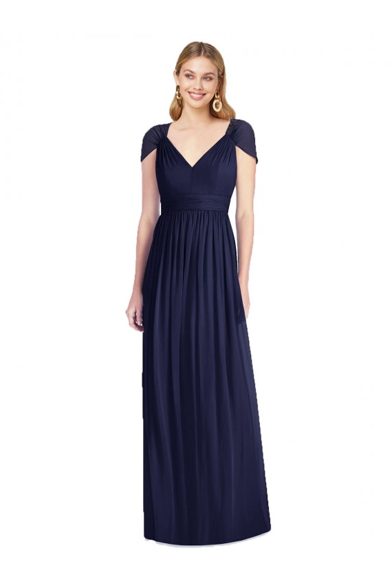 Chiffon Decote V Mangas Curtas Abrir de volta Comprimento Chão Vestidos de Madrinha Baratos