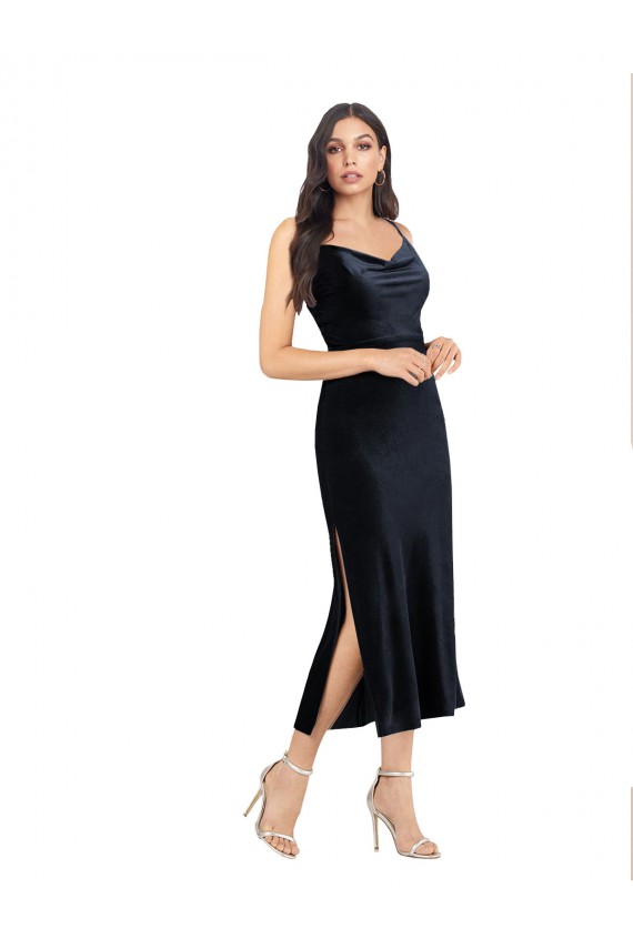 Veludo Elástico Decote Capuz Sem Mangas Lombar Comprimento Midi Vestidos de Madrinha / Vestidos de Noite / Vestidos de Festa Baratos
