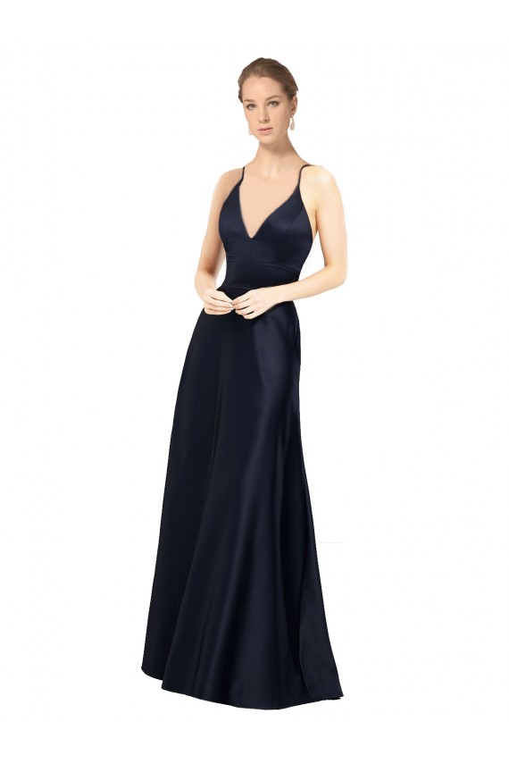 Cetim Alças finas Sem Mangas Comprimento Chão Vestidos de Madrinha / Vestidos de Festa Baratos