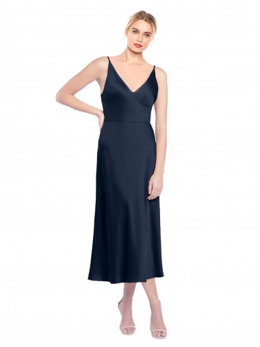 Cetim Elástico Decote V Sem Mangas Costas em V Comprimento Midi Vestidos de Madrinha / Vestidos de Noite / Vestidos de Festa Baratos