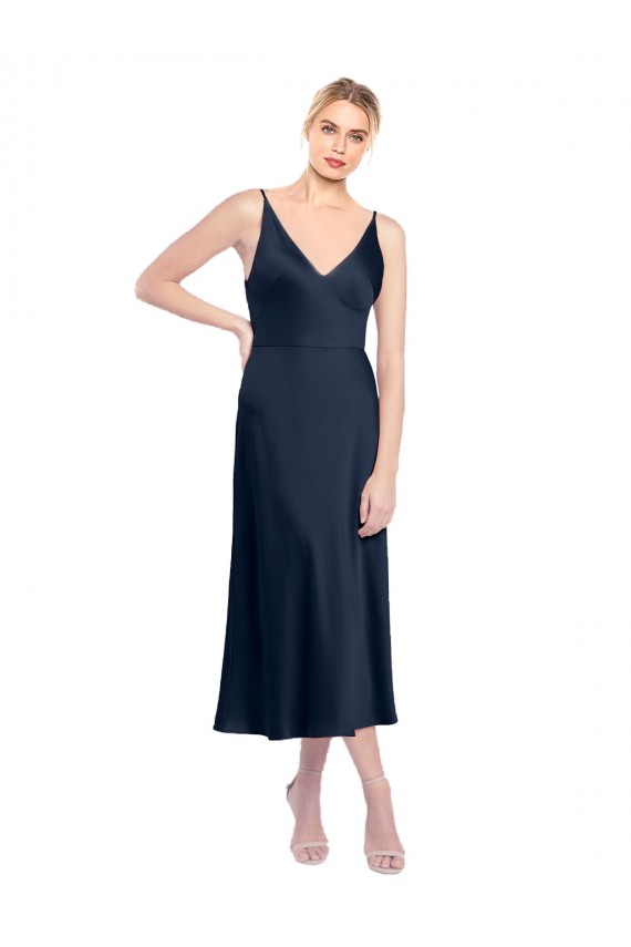 Cetim Elástico Decote V Sem Mangas Costas em V Comprimento Midi Vestidos de Madrinha / Vestidos de Noite / Vestidos de Festa Baratos