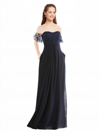 Chiffon & Renda Fora do Ombro Mangas Curtas Comprimento Chão Vestidos de Madrinha Baratos