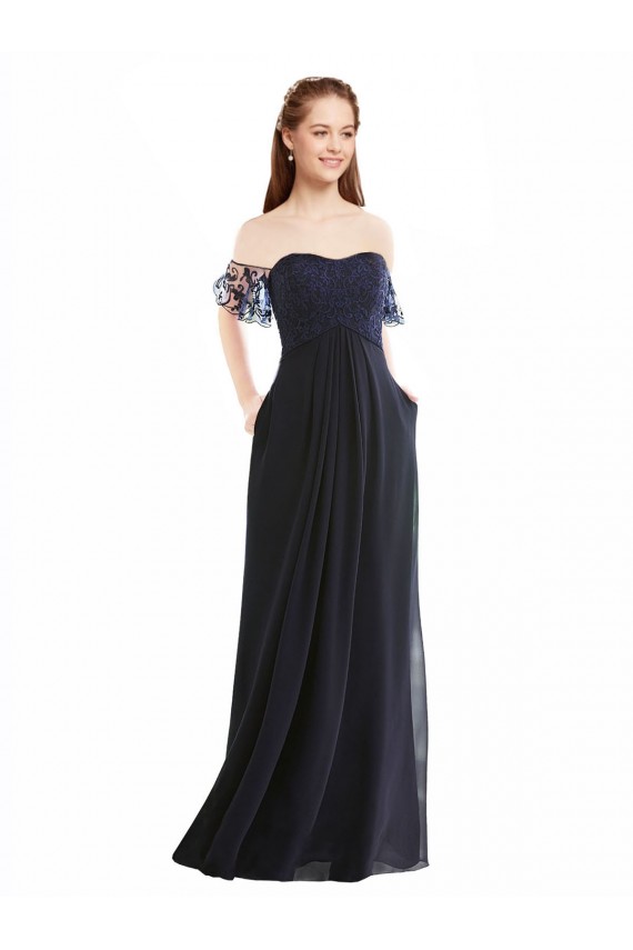 Chiffon & Renda Fora do Ombro Mangas Curtas Comprimento Chão Vestidos de Madrinha Baratos