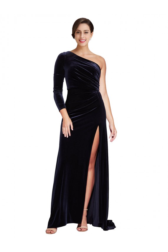 Veludo Elástico Um Ombro Mangas Compridas Comboio Varredela Vestidos de Madrinha / Vestidos de Noite / Vestidos de Festa Baratos