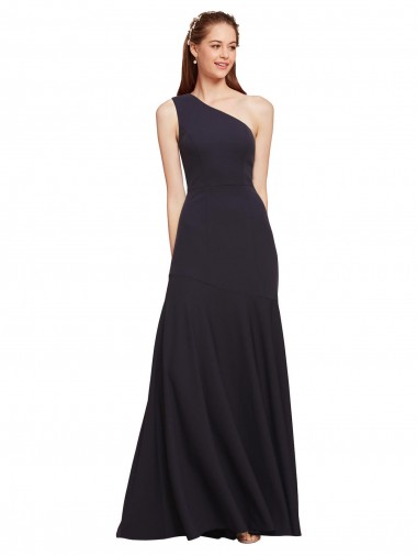 Crepe Esticado Um Ombro Sem Mangas Comprimento Chão Marinha Negra Linha A Vestidos de Madrinha / Vestidos de Noite / Vestidos de Festa Baratos