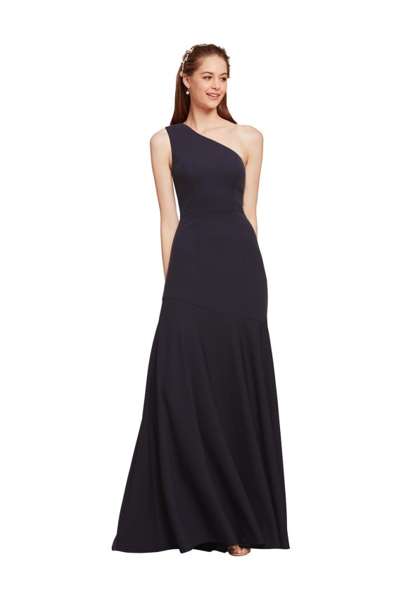 Crepe Esticado Um Ombro Sem Mangas Comprimento Chão Marinha Negra Linha A Vestidos de Madrinha / Vestidos de Noite / Vestidos de Festa Baratos