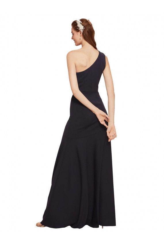 Crepe Esticado Um Ombro Sem Mangas Comprimento Chão Marinha Negra Linha A Vestidos de Madrinha / Vestidos de Noite / Vestidos de Festa Baratos