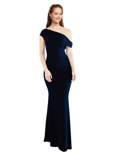 Crepe Esticado Um Ombro Sem Mangas Comprimento Chão Marinha Negra Sereia Vestidos de Madrinha / Vestidos de Noite / Vestidos de Festa Baratos