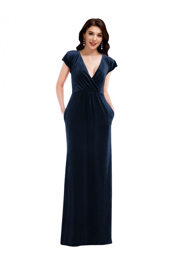 Veludo Elástico Decote V Mangas Esvoaçantes Comprimento Chão Vestidos de Madrinha / Vestidos de Noite / Vestidos de Festa Baratos