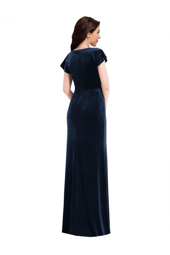 Veludo Elástico Decote V Mangas Esvoaçantes Comprimento Chão Vestidos de Madrinha / Vestidos de Noite / Vestidos de Festa Baratos