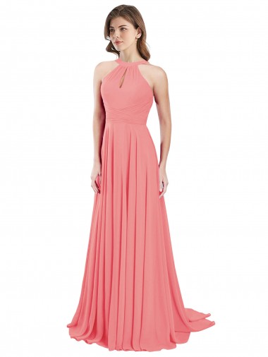 Chiffon Cabeçada Sem Mangas Criss Cruz Comprimento Chão Linha A Longo Vestidos de Madrinha Baratos