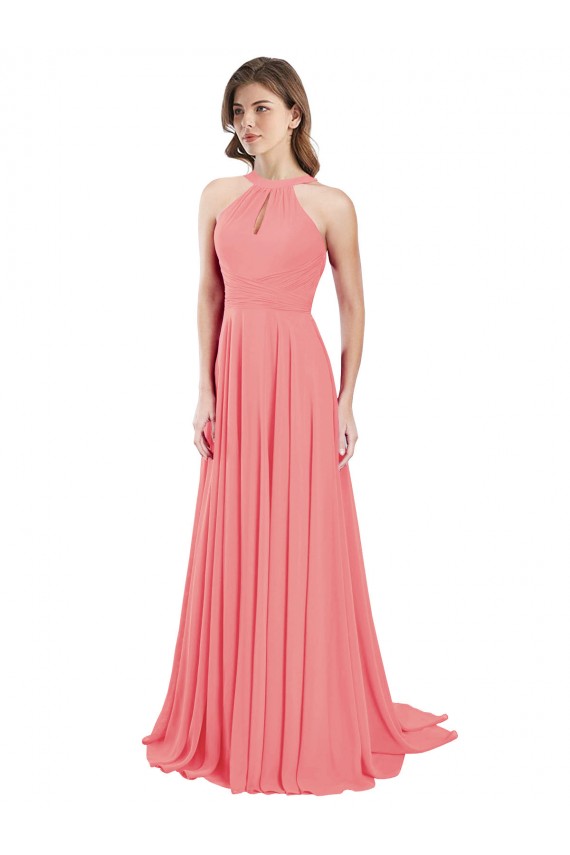 Chiffon Cabeçada Sem Mangas Criss Cruz Comprimento Chão Linha A Longo Vestidos de Madrinha Baratos