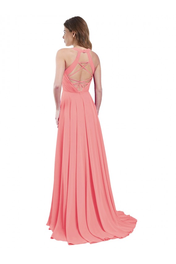 Chiffon Cabeçada Sem Mangas Criss Cruz Comprimento Chão Linha A Longo Vestidos de Madrinha Baratos