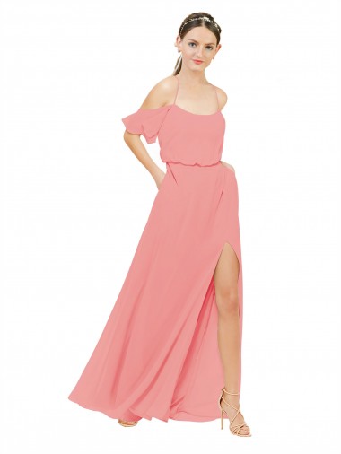 Chiffon Fora do Ombro Sem Mangas Comprimento Chão Melancia Linha A Vestidos de Madrinha Baratos