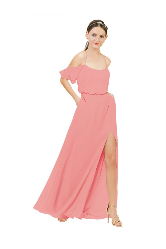 Chiffon Fora do Ombro Sem Mangas Comprimento Chão Melancia Linha A Vestidos de Madrinha Baratos